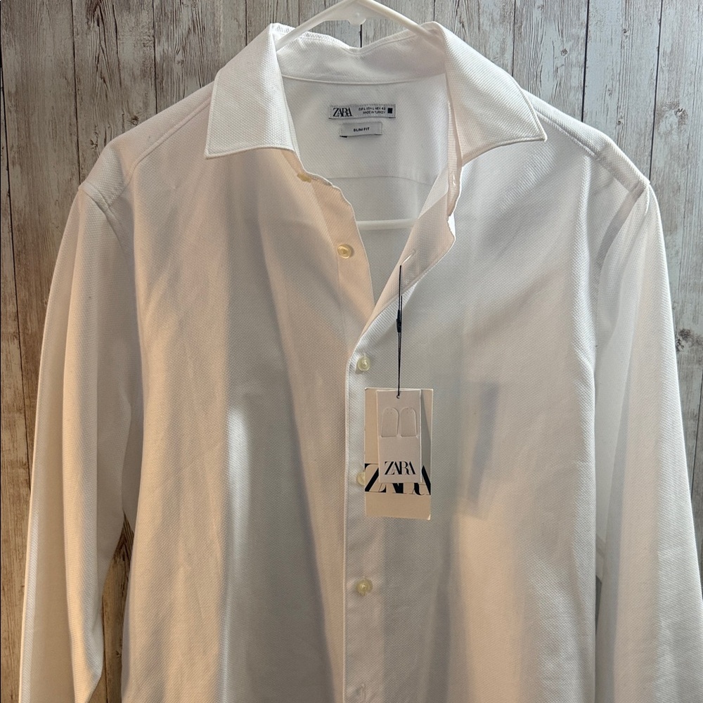 ✨ ZARA Men’s White Slim Fit Dress Shirt – Size L (NWT) ✨